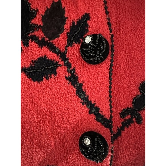 Berek Red Button Sweater Sz M Black Floral Beaded Faux Fur Collar/cuffs VTG 90's - Picture 7 of 8